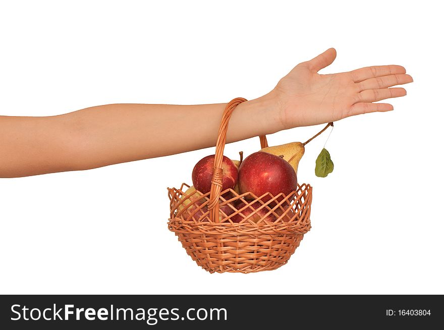 Basket with red apples and yellow pears from supermarket. Basket with red apples and yellow pears from supermarket