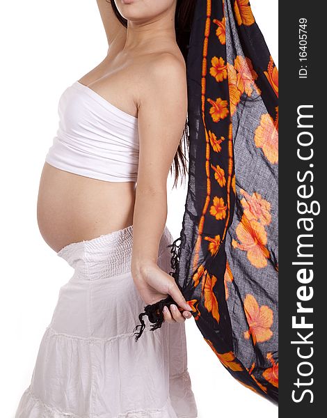 Pregnant woman with orange sarong