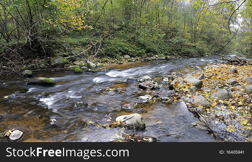 Panorama of a wild river, autumn in a Neris park of a Lithuania