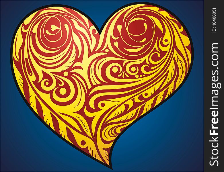 Symbol heart decorated by pattern. Vector image, complimentary postcard.