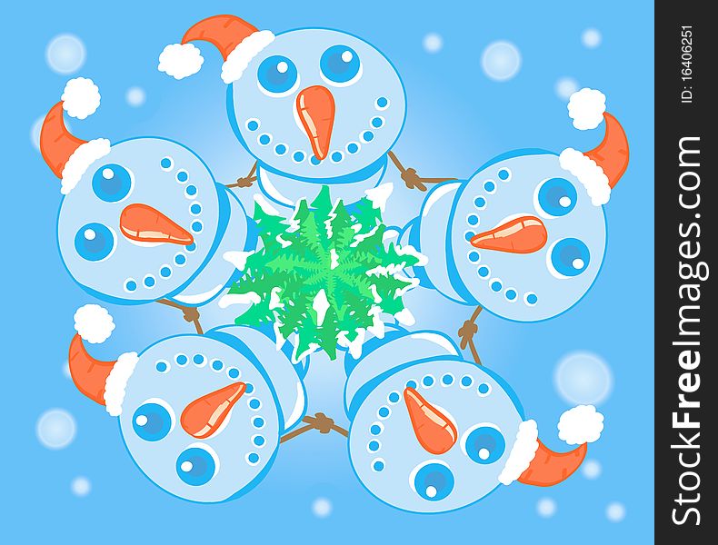 Snowmens dance in a circle around a Christmas tree