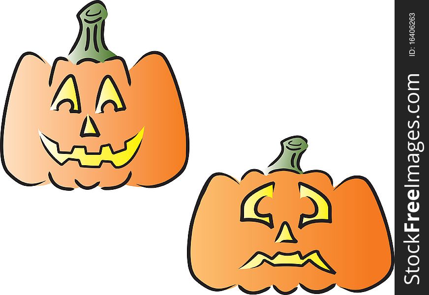 Two pumpkins with different facial expressions. Two pumpkins with different facial expressions.