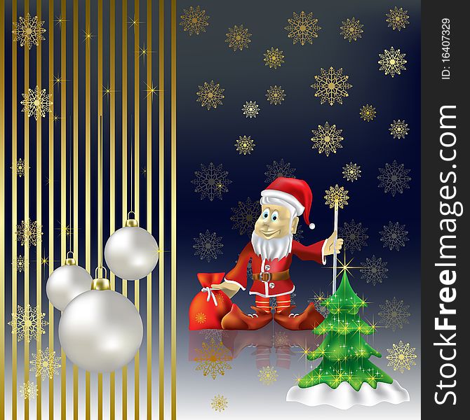 Christmas tree and Santa Claus on a gold background