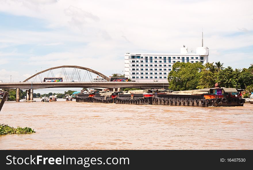 Transport ship in the Chao Phraya River Thailand.