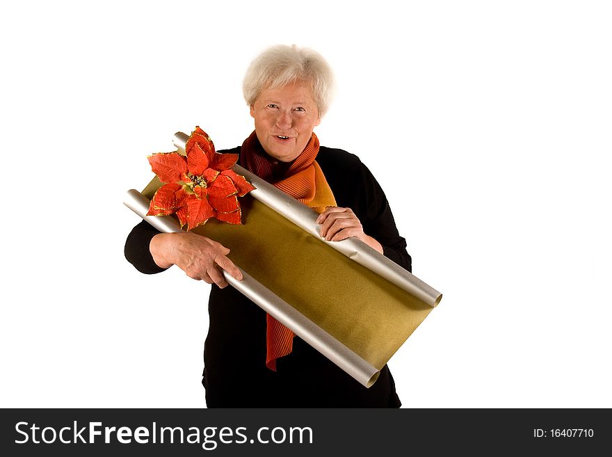 Senior lady with golden sign for christmas. Senior lady with golden sign for christmas