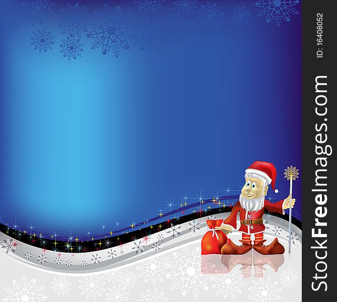 Christmas greeting Santa Claus with gifts on blue
