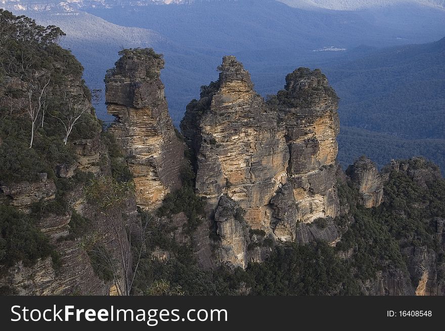 A view of the 3 sisters in the Blue Mountains Australia. The blue color is created by the eucalyptus oil in the trees