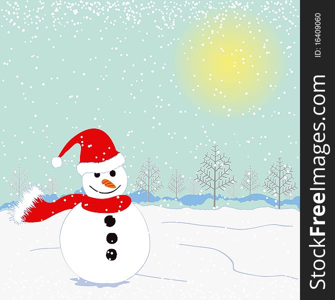 Christmas greeting card with snowman and trees snowing background