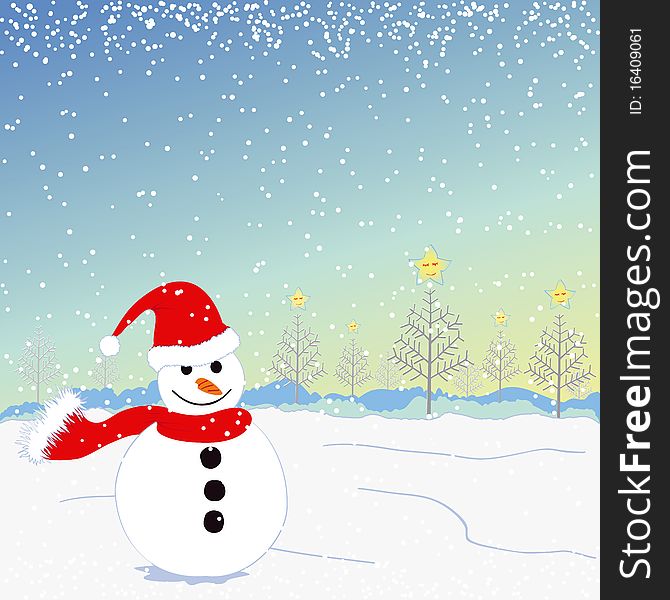 Christmas greeting card with snowman and smiling stars snowing background