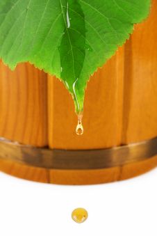 Wooden Barrel, Drop Of Honey And Leaf Linden Stock Images Wooden Barrel, Drop Of Honey And Leaf Linden Stock Images