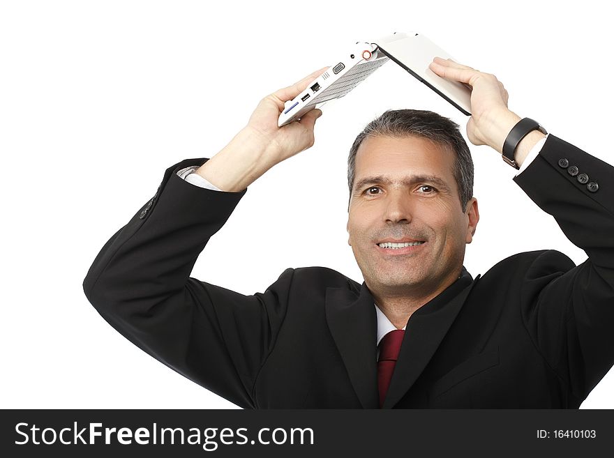 Businessman holding his white laptop. Businessman holding his white laptop