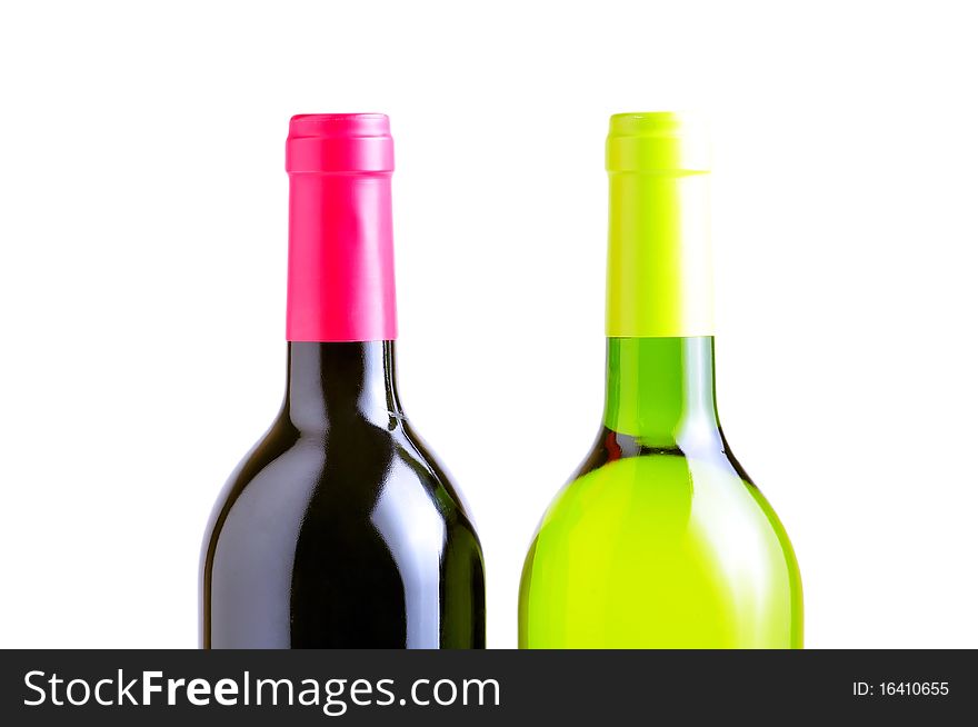 Two bottles of red and white whine isolated