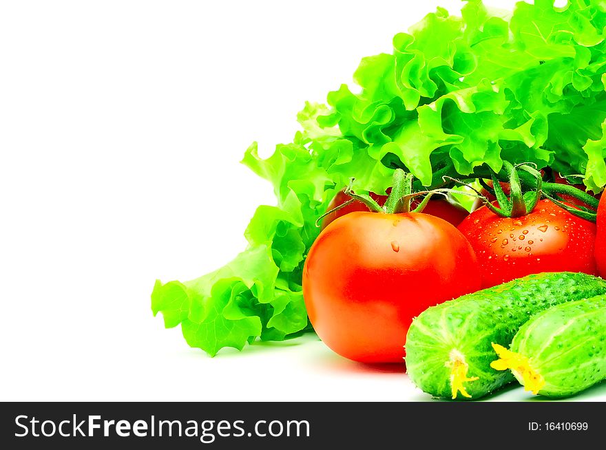 Group of fresh tomatoes, cucumbers and salad isolated on white. Group of fresh tomatoes, cucumbers and salad isolated on white
