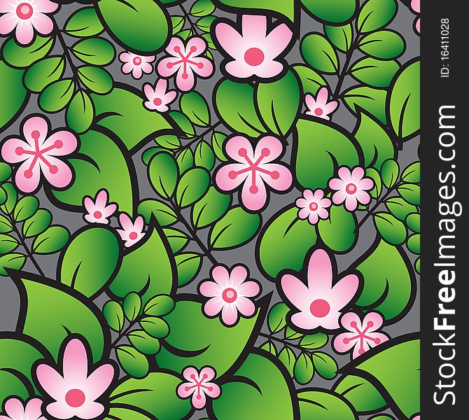 Seamless pattern with leaves and pink flowers. Seamless pattern with leaves and pink flowers