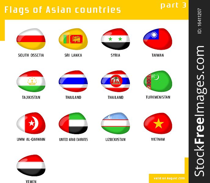 Set of Asian flags with shape like stones. Set of Asian flags with shape like stones