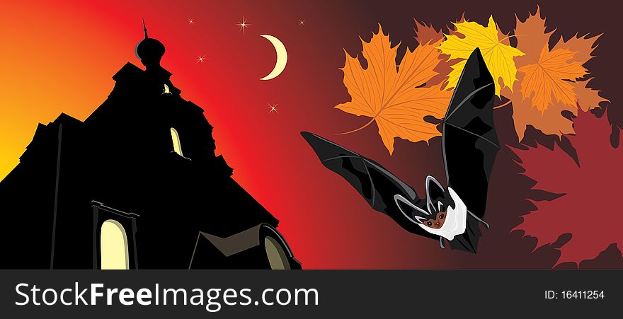 Bat on a background of nightly castle. Halloween banner. Illustration