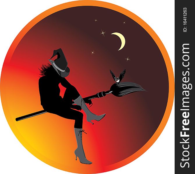 Halloween witch and bat. Sticker. Illustration