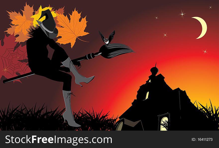 Sitting witch on the broom. Halloween banner. Illustration
