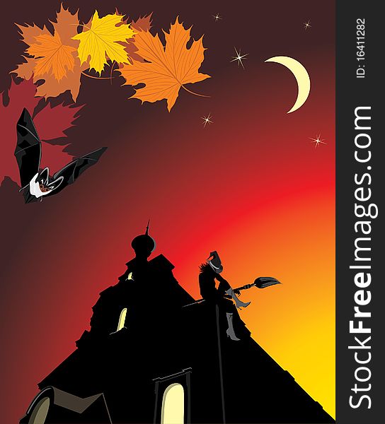 Sitting witch on the roof of castle. Halloween