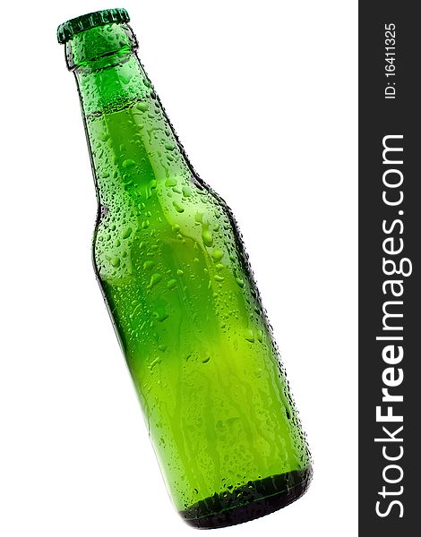 Green beer bottle, completely isolated on white. Green beer bottle, completely isolated on white