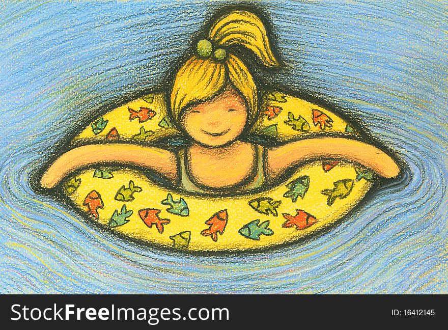 A little happy smiling girl is swimming on yellow bright air-ring, pastel and charcoal drawing. A little happy smiling girl is swimming on yellow bright air-ring, pastel and charcoal drawing