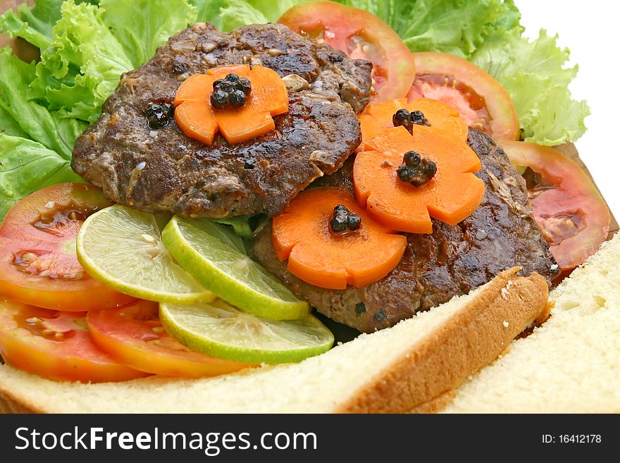 Closeup of Grill Beef Hamburger with vegetable and bread. Closeup of Grill Beef Hamburger with vegetable and bread.