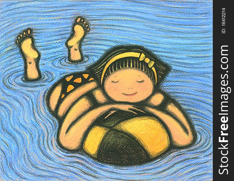 A nice pretty smiling girl is swimming in blue water with her eyes close and holding a big yellow - black ball in front, pastel and charcoal drawing. A nice pretty smiling girl is swimming in blue water with her eyes close and holding a big yellow - black ball in front, pastel and charcoal drawing