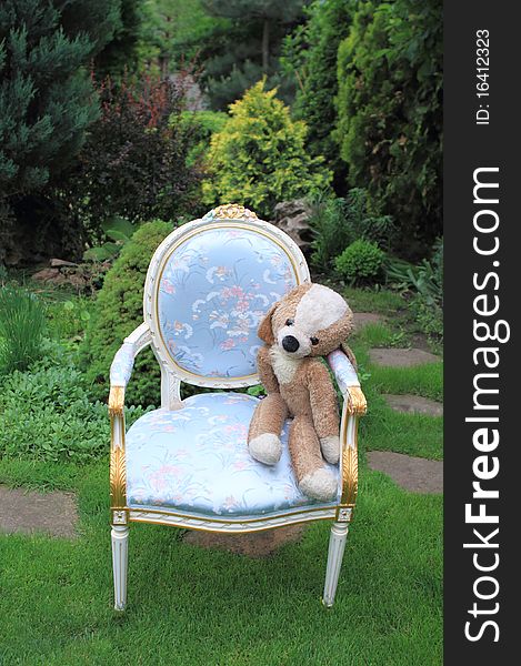 Forgotten toy on the chair in the garden