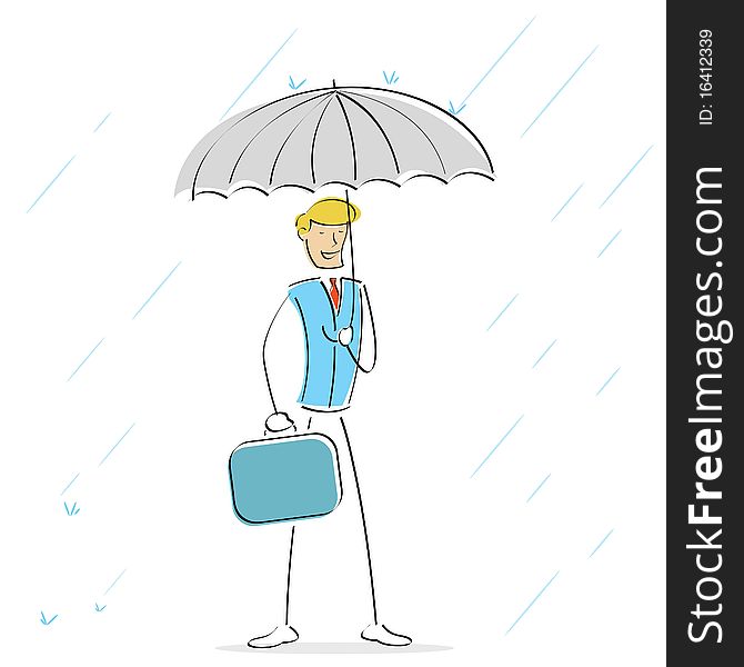 Illustration of man standing in rainy season holding umbrella. Illustration of man standing in rainy season holding umbrella