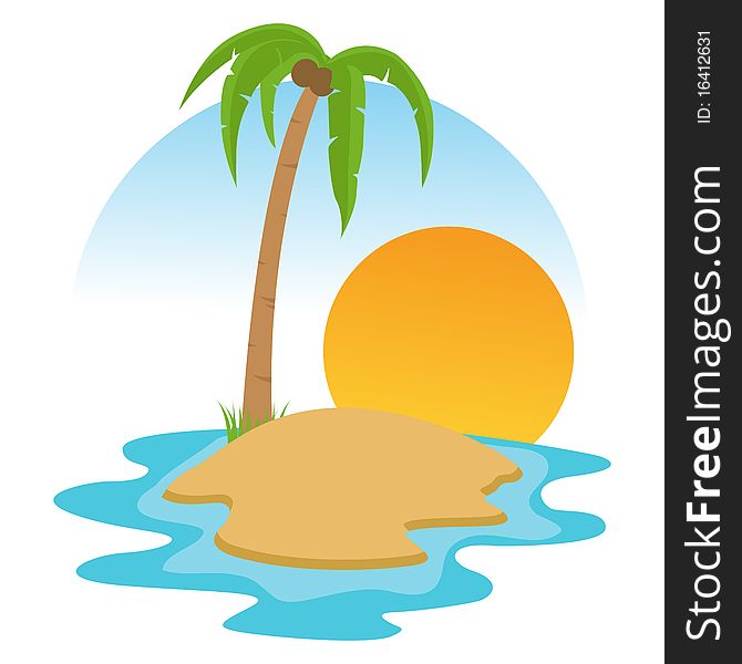 Illustration of beach landscape with palm tree and sunset background. Illustration of beach landscape with palm tree and sunset background