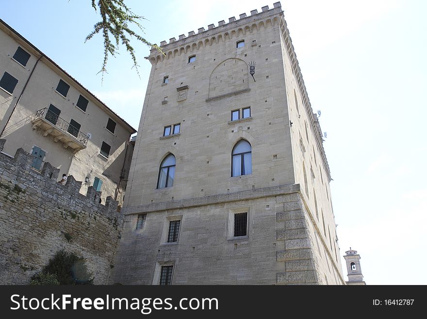 The towers of the ancient castle in San Marino on the border with Italy