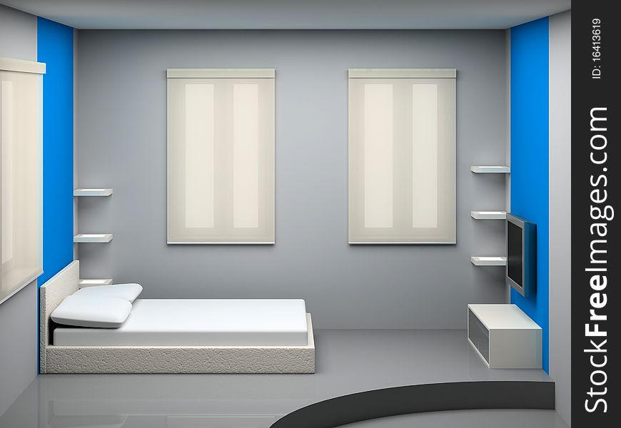 Modern interior of a bedroom with a bed and the TV
