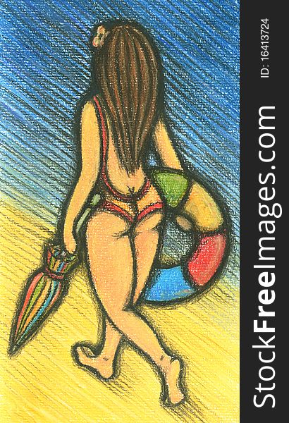 Young long-haired brunette cute girl in swimming suit is going along the beach holding sun umbrella and air-ring in her hands, pastel and charcoal drawing. Young long-haired brunette cute girl in swimming suit is going along the beach holding sun umbrella and air-ring in her hands, pastel and charcoal drawing