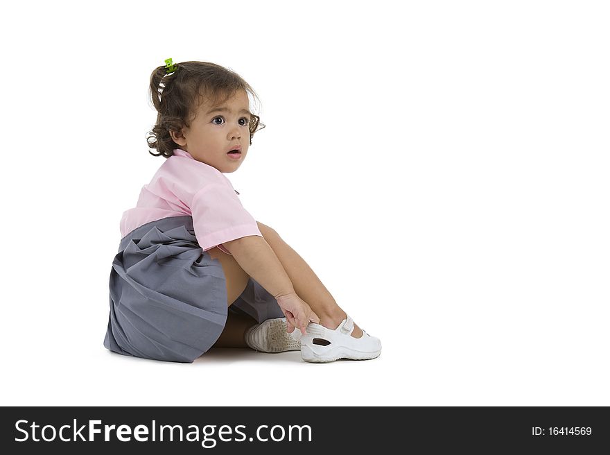 Surprised looking cute girl isolated on white background