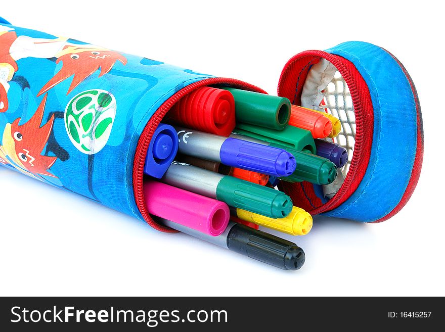Colored felt tip pens in a case