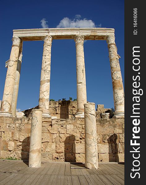 Columns in the roman ruins of Leptis Magna in Libya. Columns in the roman ruins of Leptis Magna in Libya