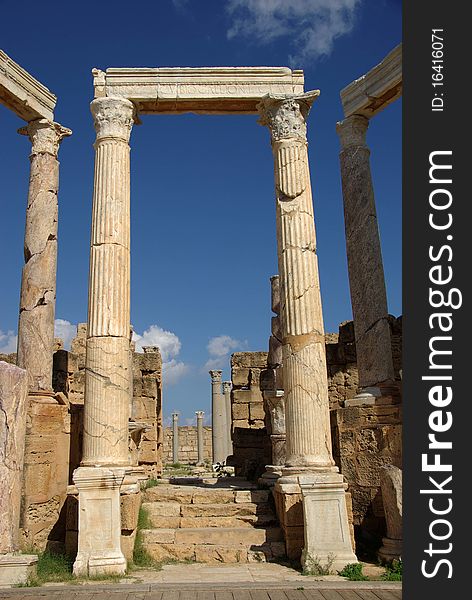 Columns in the roman ruins of Leptis Magna in Libya. Columns in the roman ruins of Leptis Magna in Libya