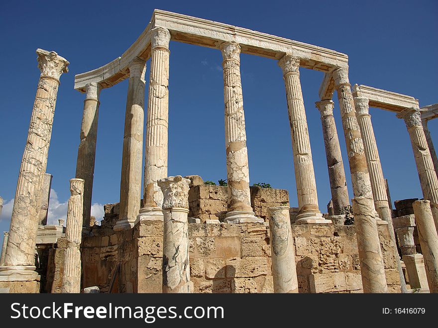 Columns in the roman ruins of Leptis Magna in Libya. Columns in the roman ruins of Leptis Magna in Libya