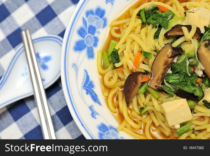 Vegetable soup noodles in restaurant.