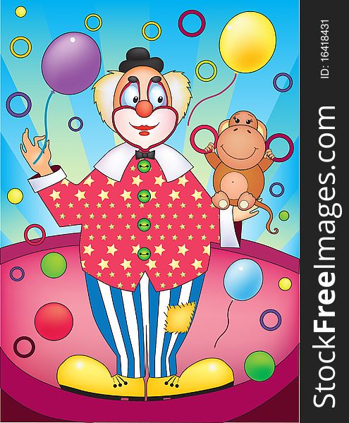 Bright illustration of clown with a monkey