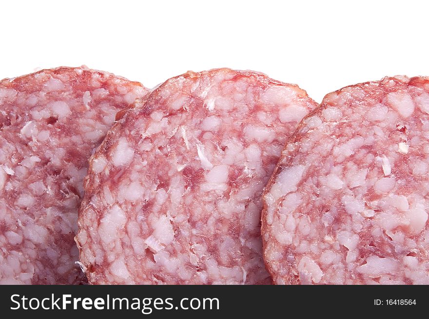 Close up of sliced salami, isolated on white. Close up of sliced salami, isolated on white
