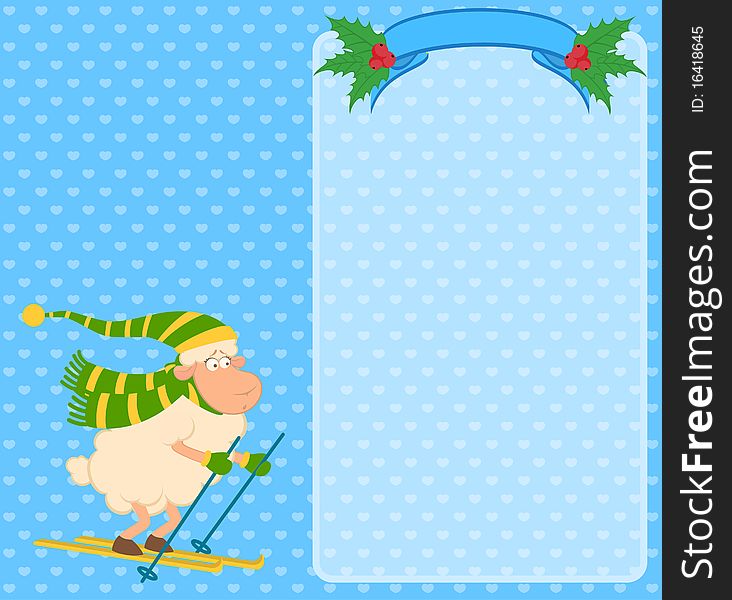 Cartoon funny skier sheep on a background for a design