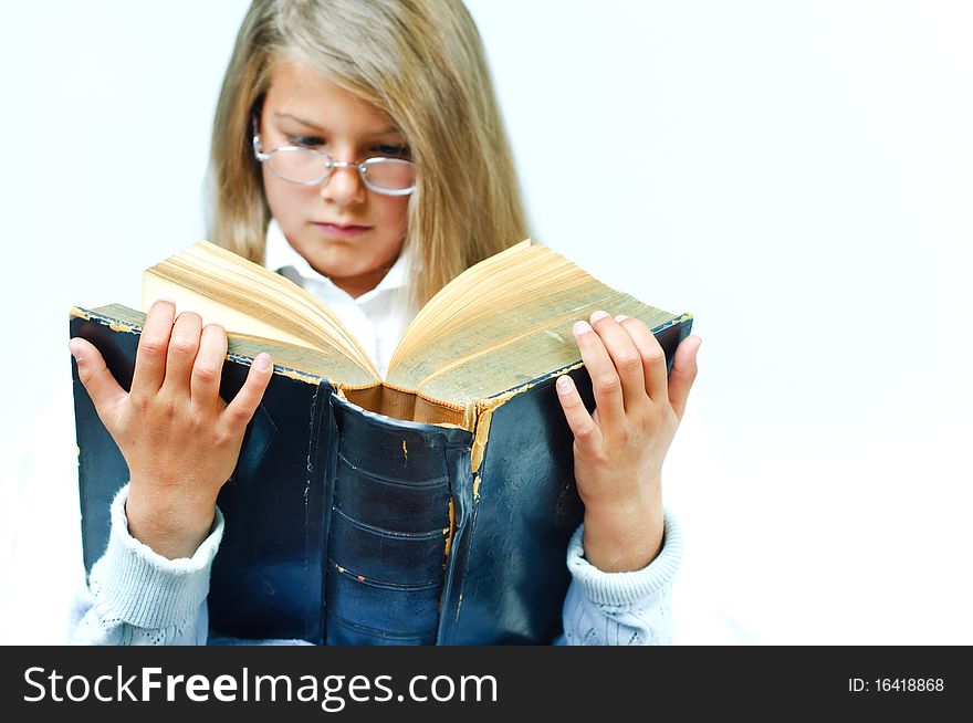 Portrait cute girl read an old book. Portrait cute girl read an old book