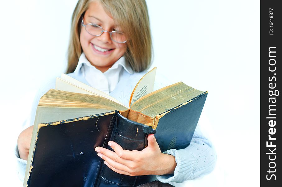 Portrait cute girl read an old book. Portrait cute girl read an old book