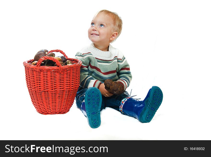 Little cute boy with a basket of mushrooms.