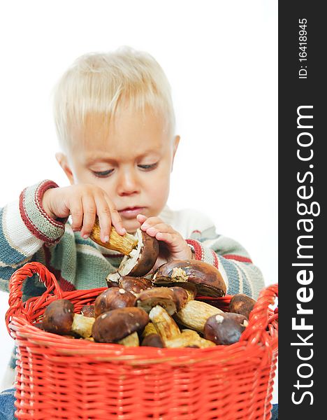 Little cute boy with a basket of mushrooms. Focus on the basket