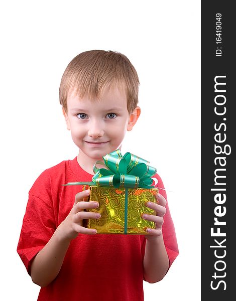 Happy boy with present isolated on white background