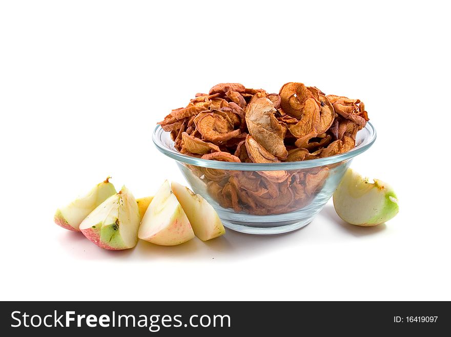 Fresh and dried apples isolated on white background