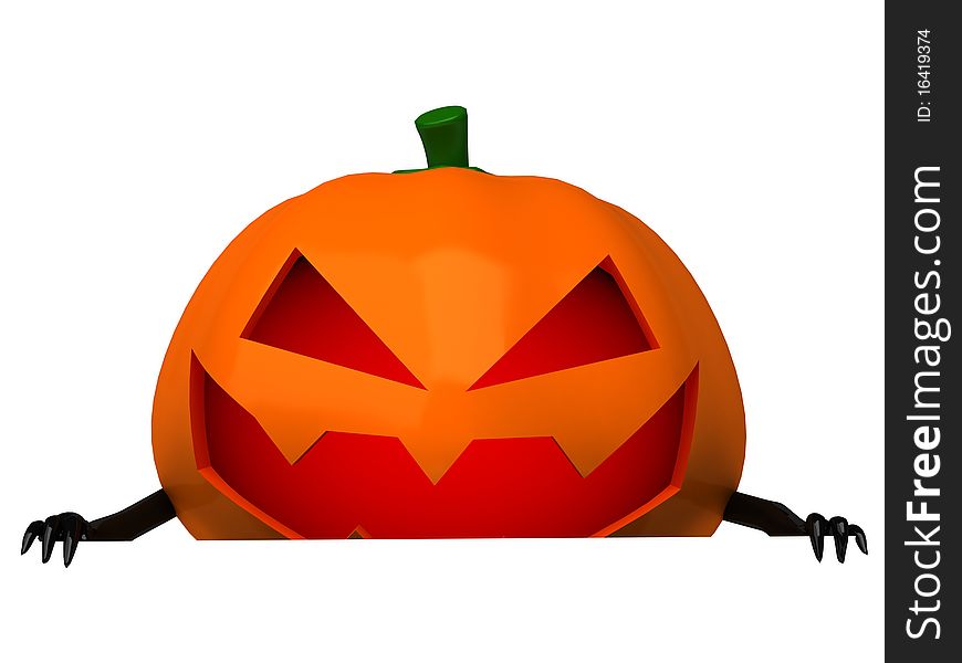 3d render of a Halloween pumpkin behind a blank board