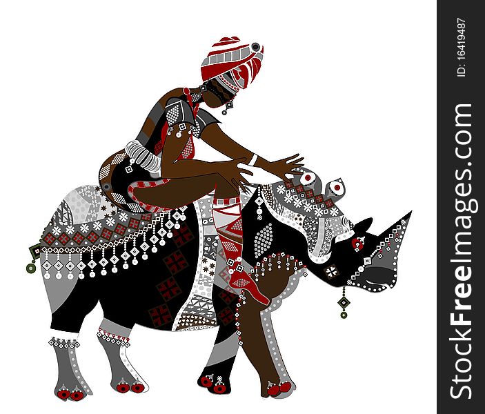 Woman in ethnic style sits on the back of a rhinoceros. Woman in ethnic style sits on the back of a rhinoceros
